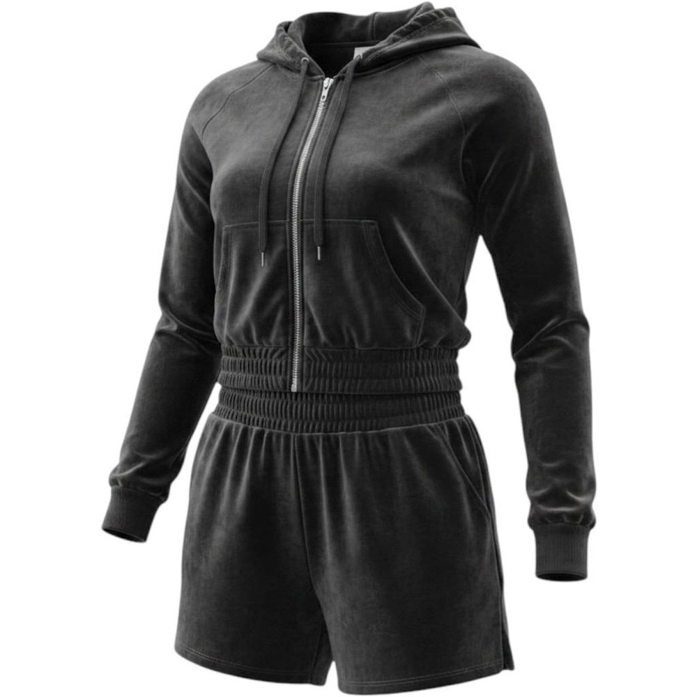 Blashe Women Black Velour 2 Piece Set Cropped Zip Hoodie and Shorts BSET03222 L